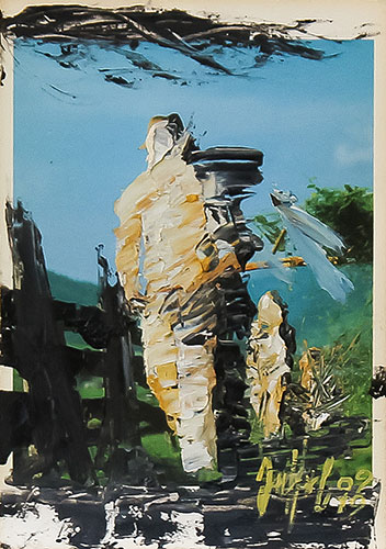 Serie Übermalte Karten # 011, öl auf Bedruckter Karton, 10.4x14.8 cm - Andi Jettel Artobjects