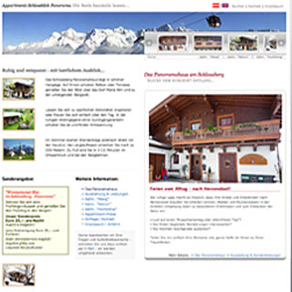 Gästehaus Schönberg Panorama<br />Homepage Erstellung für Gästehaus in Maria Alm, 2005 - Programmierung "from Scratch", XHTML, HTML3 - Konzept, Idee, Grafik, Design, Webprogrammierung - Design-Features: fluid, liquid design, dynamische anpassung der Bildschirmelemente, integrierter image-slider, buchungsformular mit fehlerauswertung, spamschutz - Die Website präsentiert das Haus in seiner sonnigen Hanglage, Buchungsformular und Kontaktbottons sind leicht zugänglich, automatisierter Formularversand mit Besucherbestätigung an E-Mailadresse....